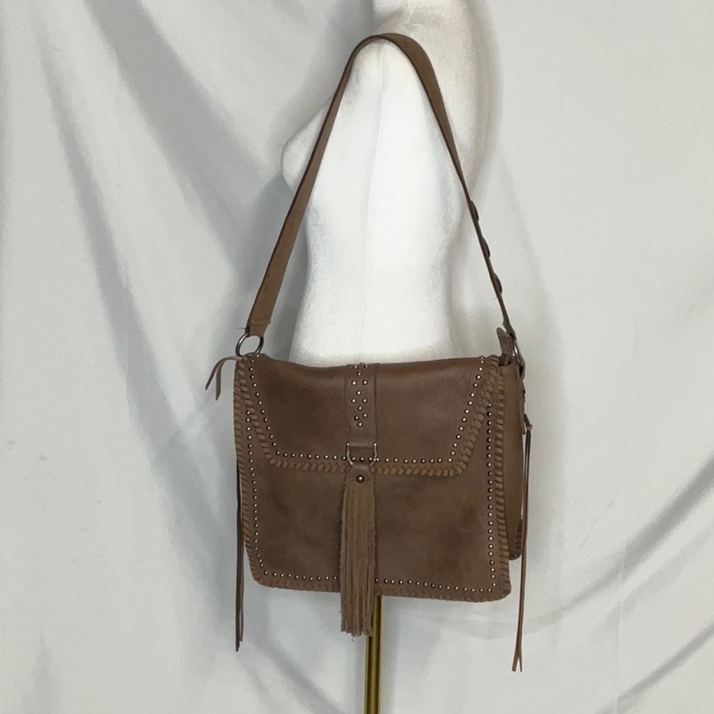 Delila Soft Pebble Leather Studded Shoulder Bag with Fringe